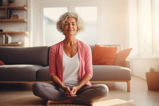 Middle aged woman meditating at home with eyes closed, relaxing body and mind in a living room. Mental health and meditation for no stress concept. Self care and wellbeing. High quality photo
