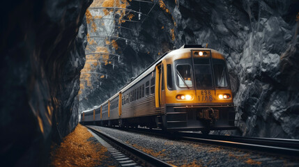 Naklejka premium A train travels through a tunnel, highlight color contrast photography. Generative AI