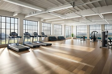 Interior of a modern fitness center gym club with a workout room with treadmills on a sunny day in the morning. Generative AI