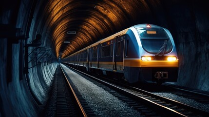 A train travels through a tunnel, highlight color contrast photography. Generative AI