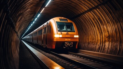 Fototapeta premium A train travels through a tunnel, highlight color contrast photography. Generative AI