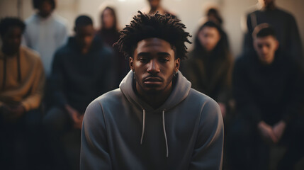 Sad anxiety depressed black man at support group meeting for mental health and addiction issues in anonymous community space
