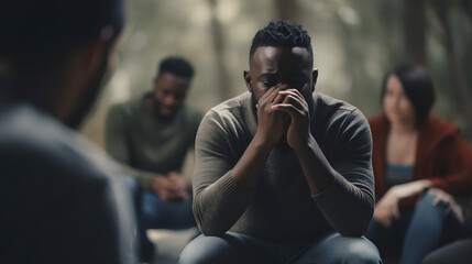 Sad anxiety depressed black man at support group meeting for mental health and addiction issues in anonymous community space

