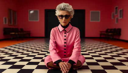 a woman is wearing black, white and pink and posing in a colorful room