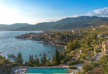 Fototapeta premium Aerial view of the wonderful seaside village of Kardamyli, Greece located in the Messenian Mani area. It's one of the most beautiful places to visit in Greece, Europe