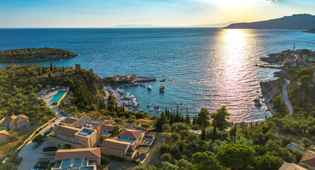 Aerial view of the wonderful seaside village of Kardamyli, Greece located in the Messenian Mani area. It's one of the most beautiful places to visit in Greece, Europe