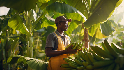 Happy smiling African-American worker holding organic ripe bananas on a plantation, proud of his harvest results. Concept of hard work, sustainable organic farming practices, agricultural commitment
