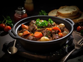 Pot of beef stew with carrots and onions on a wooden table.