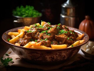A bowl of stoofvlees beef stew with french fries, topped with parsley.