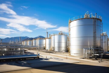Tank farm with rows of oil storage tanks.