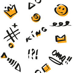 Youth pattern with inscriptions, objects, signs. Vector.