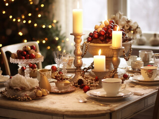 Obraz na płótnie Canvas Beautiful served table with decorations and candles. Christmas dinner setting in a cozy dining room. Winter holidays and celebration concept of festive party