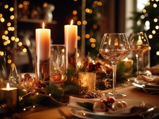 Fototapeta na wymiar Beautiful served table with decorations and candles. Christmas dinner setting in a cozy dining room. Winter holidays and celebration concept of festive party
