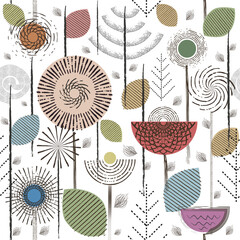 Pattern with trees, flowers and leaves. Vector graphics. print