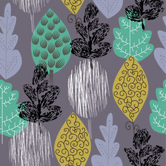 Pattern with trees, flowers and leaves. Vector graphics. print