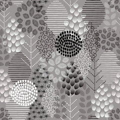 Pattern with trees, flowers and leaves. Vector graphics. print