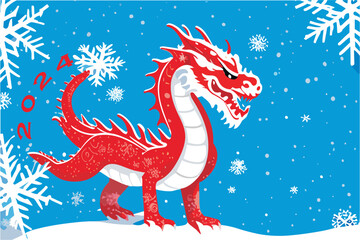 Vector New Year's chinese red dragon isolated
on a blue background with snowflakes. The symbol of 2024.  Happy new year.