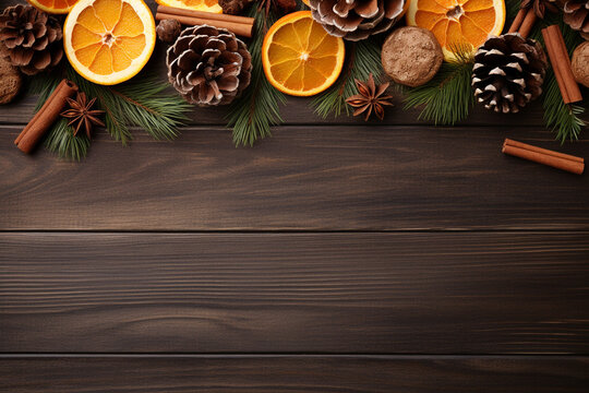 christmas holidays background festive decoration cinnamon, pinecones, and oranges on a wooden table. High quality photo