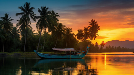 sunset over the river, fishing boat