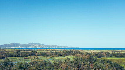 Fototapeta premium Scenic view of the beautiful green rice fields and wetlands in the shoe of the Costa Brava, Girona, Catalonia with the Sea and islands at the background