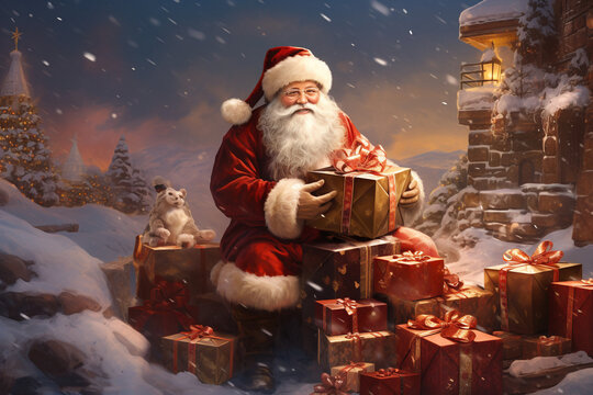 Smiling Santa Claus with christmas gifts. High quality photo