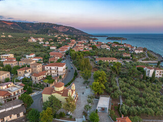 Fototapeta na wymiar Aerial view of the wonderful seaside village of Kardamyli, Greece located in the Messenian Mani area. It's one of the most beautiful places to visit in Greece, Europe