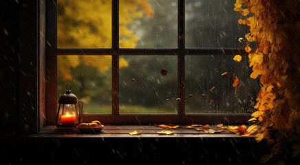 A lantern sitting on a window sill in the rain