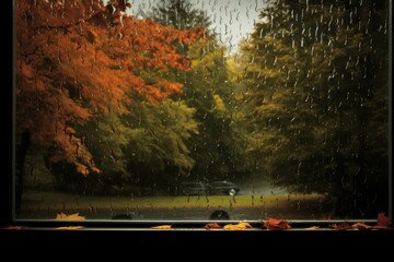 Autumn rainy landscape seen from a window