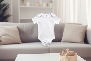 Baby wearing white shirt bodysuit mockup at white bed background
