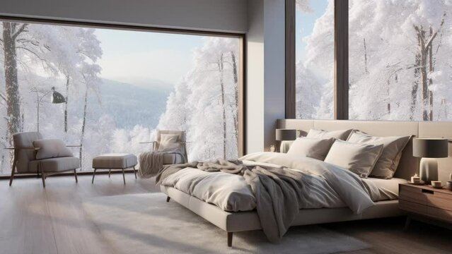 Cozy modern bedroom with a large bed and a window with a beautiful view of the forest, with snow outside the window
