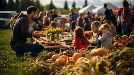 Harvest Festival Delight: Family Enjoying a Meal Amidst Abundance, Embracing Farm-to-Table Spirit and Food Donation Drive