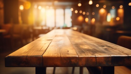 blurred background and wooden display table