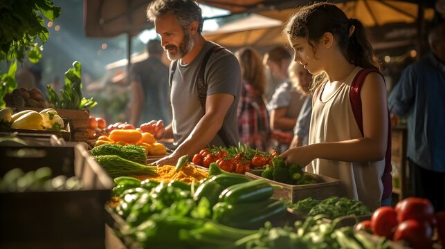World Vegetarian Day Celebration (October 1st): Artfully Arranged Fresh Vegetables at Farmers' Market with Family Enjoying a Healthy Vegetarian Meal - Powered by Adobe