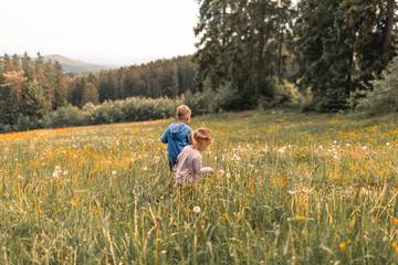 children walking on field in the countryside. Adventure, discovery and exploration in childhood