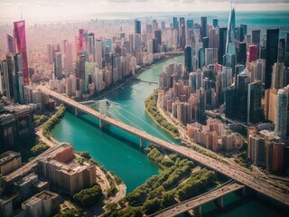 Wanderlust and travel. A breathtaking aerial shot of a vibrant cityscape, showcasing skyscrapers, bridges, and urban life from a unique perspective.