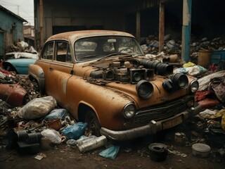 Environmental protection. An urban abandoned dump with garbage of various origins. Scrap metal delivery. the broken car