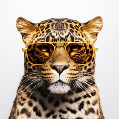 close-up of Leopard with sunglasses on white background