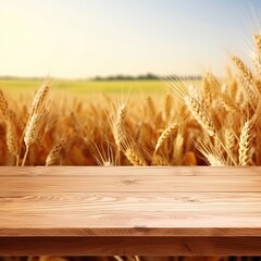 empty wooden table in modern style for product presentation with a blurred wheat field in the background