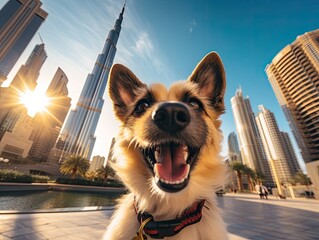 A cute dog smiles while taking a selfie in front of Burj Khalifa
