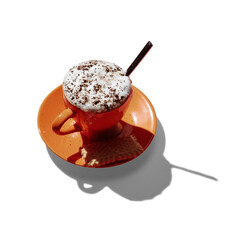 Top view of cups of coffee on white background