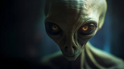 Obraz premium Close-up of Green Alien with Big Eyes in Dark Environment