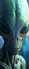 Close-up of Green Alien with Big Eyes in Dark Environment