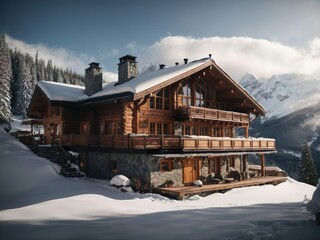 Wanderlust and travel. Snowy Mountain Chalet: A cozy mountain chalet nestled in a snowy landscape, showcasing the appeal of winter getaways and mountain retreats.