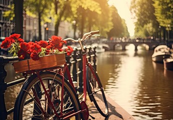 red bicycles along the railing with flower gardens and canal in amsterdam Generative AI - obrazy, fototapety, plakaty