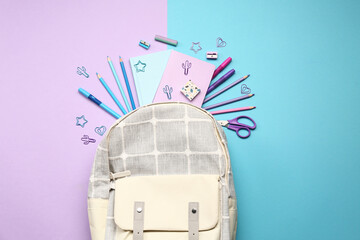 Stylish school backpack with different stationery supplies on colorful background