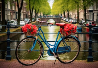 Fototapeta na wymiar bicycles on a bridge near a canal in the amsterdam old district Generative AI