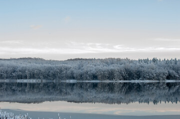 Winter European landscape. A winter forest covered with light snow is reflected in the lake.