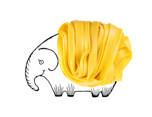 Food Art Pasta, Raw Pappardelle and Funny Animal, Fun Yellow Italian Pasta Fettuccine or Tagliatelle