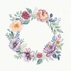 Behang watercolor wreath with watercolor flowers and leaves © Ipixeler
