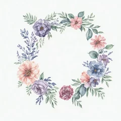 Behang A watercolor wreath with flowers and leaves on white background © Ipixeler